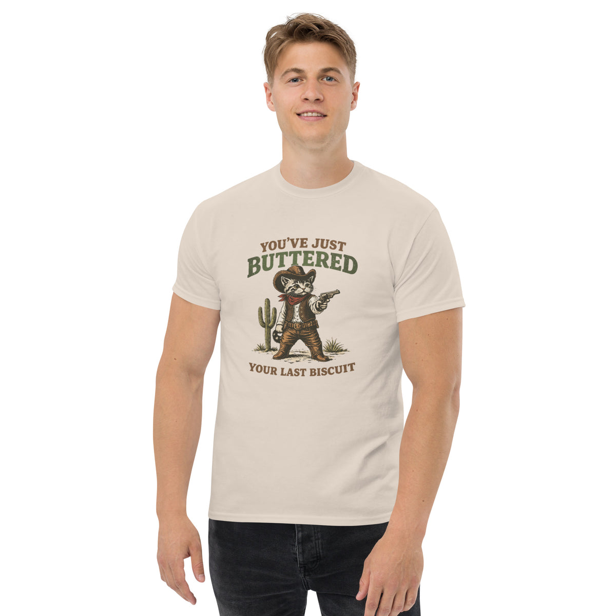 Last Biscuit unisex cat graphic tee in Natural