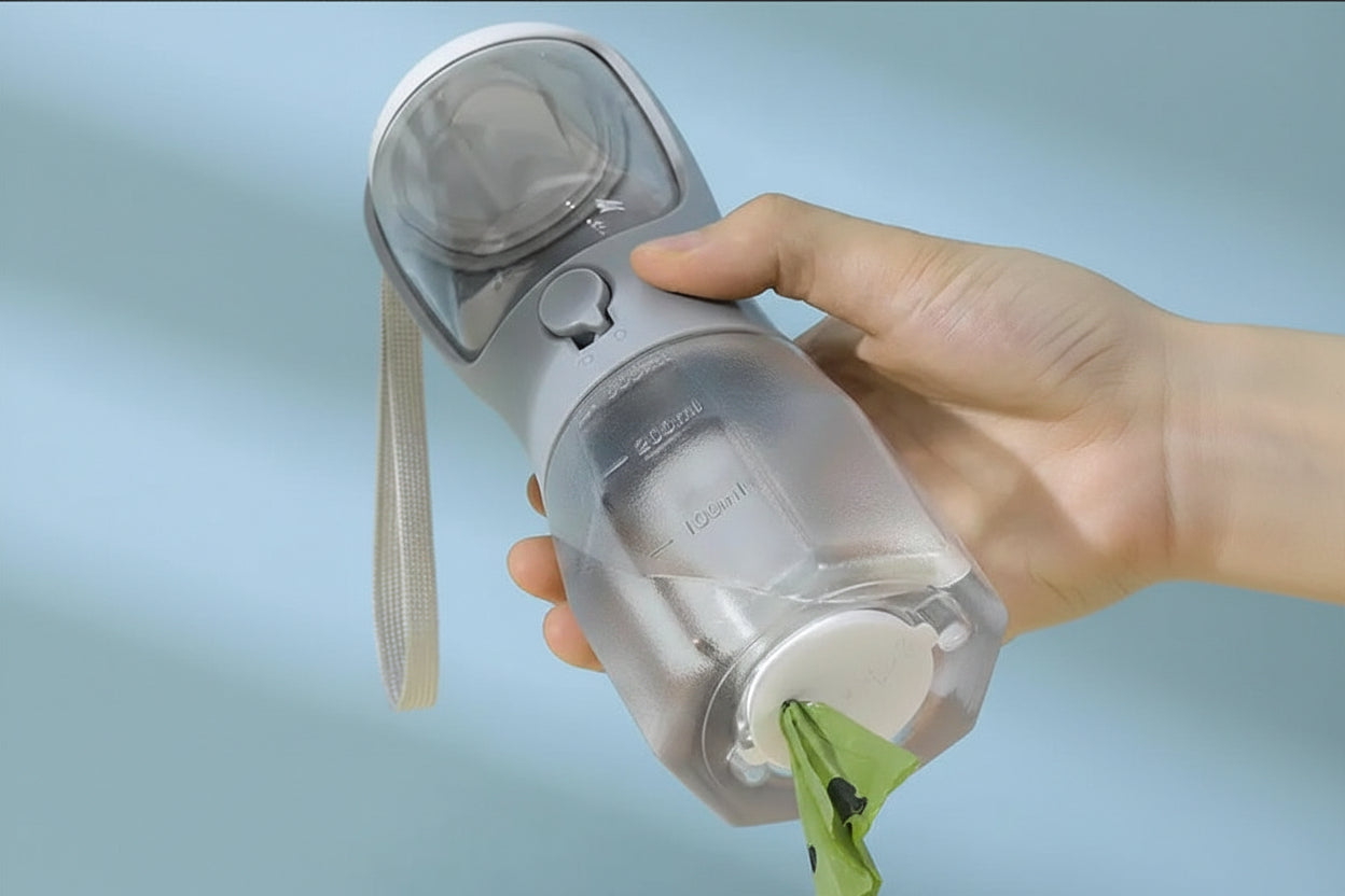 gray 3 in 1 portable dog water bottle with built in waste bag dispenser for travel