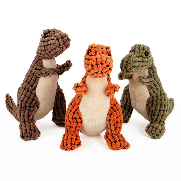 plush dinosaur dog toys in green coffee brown and orange with soft corn velvet