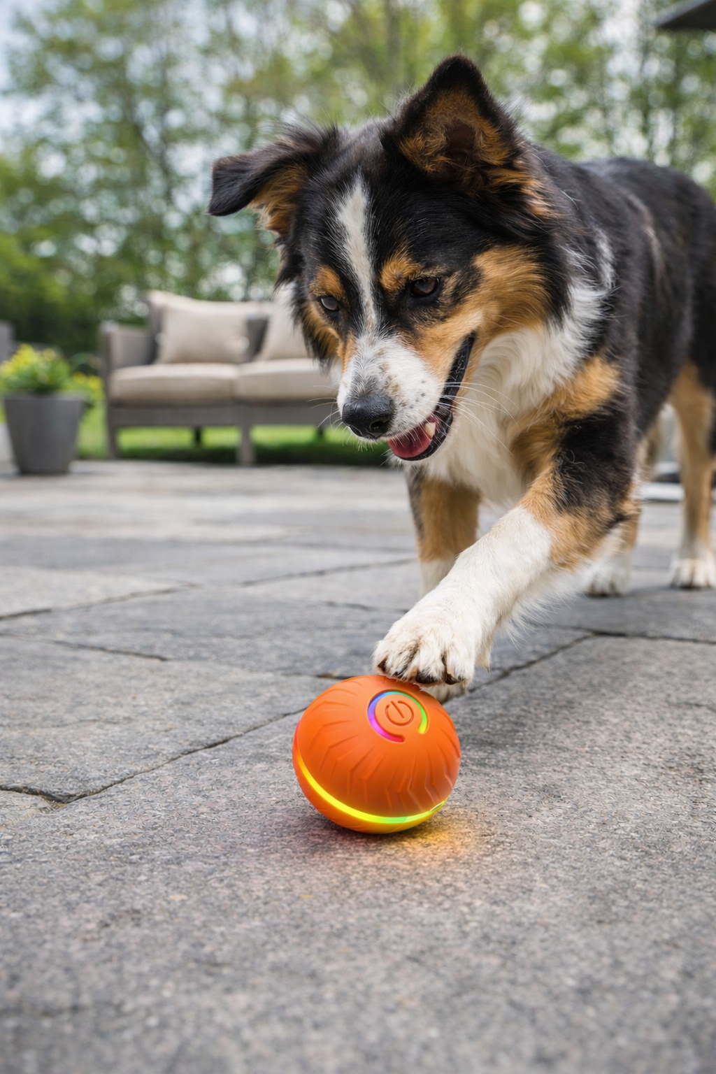 orange durable interactive LED light up bouncing ball dog and cat toy used by dog outdoors