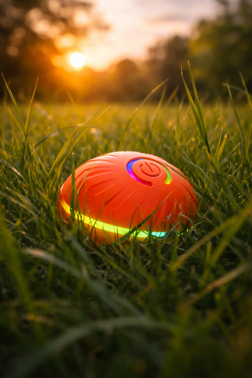 orange durable interactive LED light up bouncing ball dog and cat toy in grass outdoors