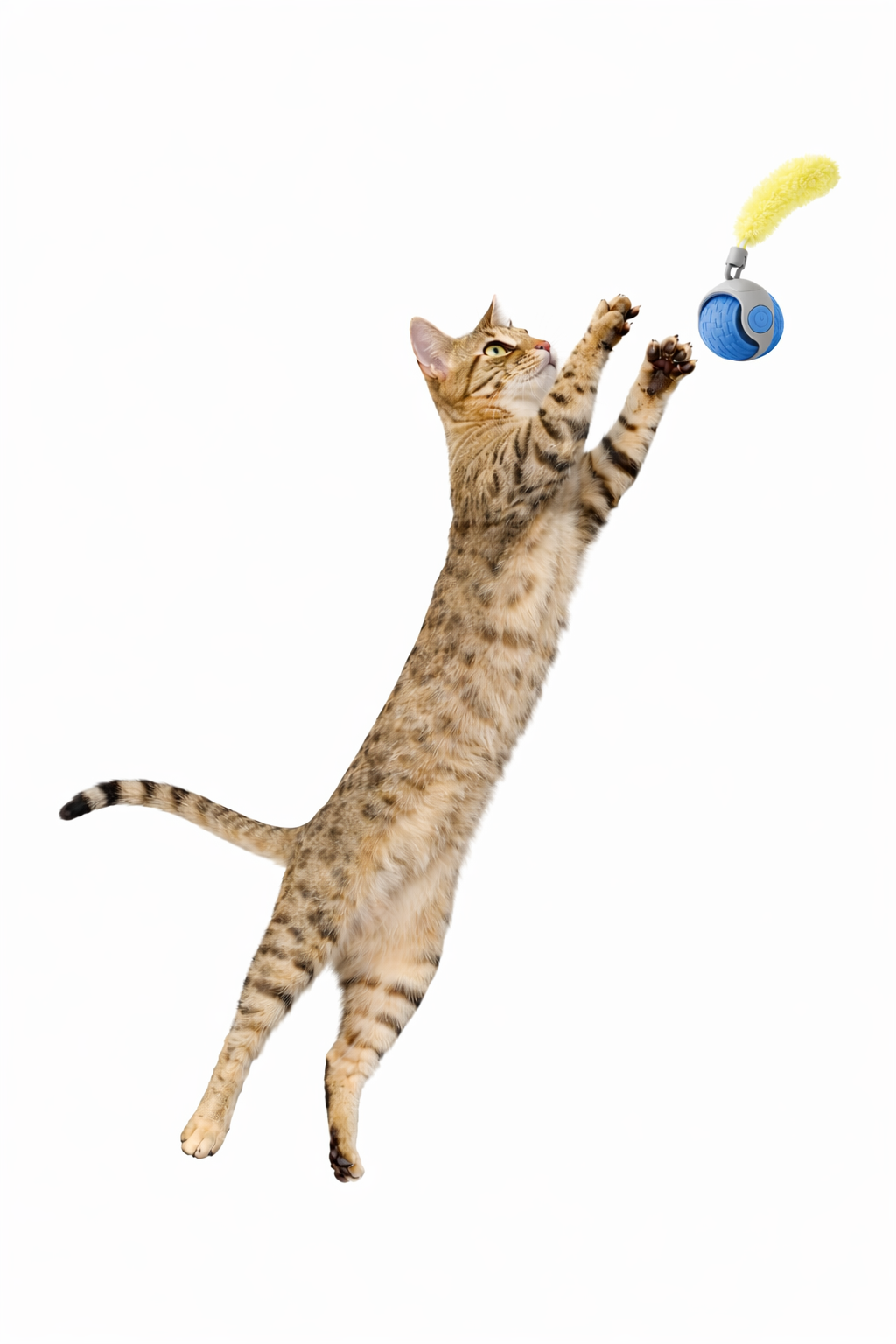 blue interactive self moving rolling cat toy used by cat for active play