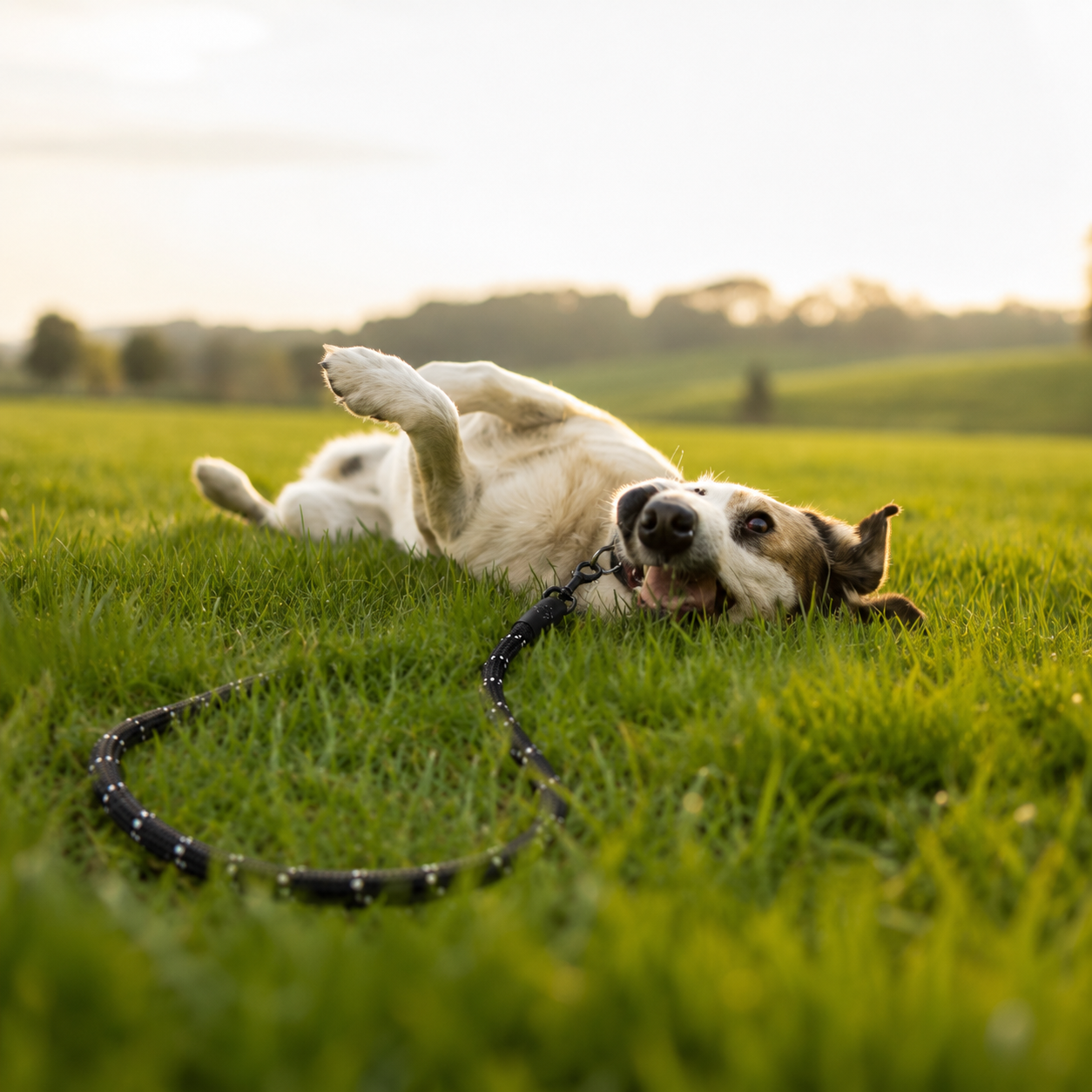 Happy dog rolling in a grassy field with a leash nearby.