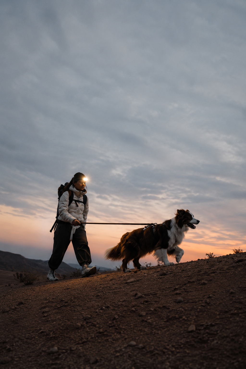 Hiker walking uphill at dusk with a dog wearing a harness.