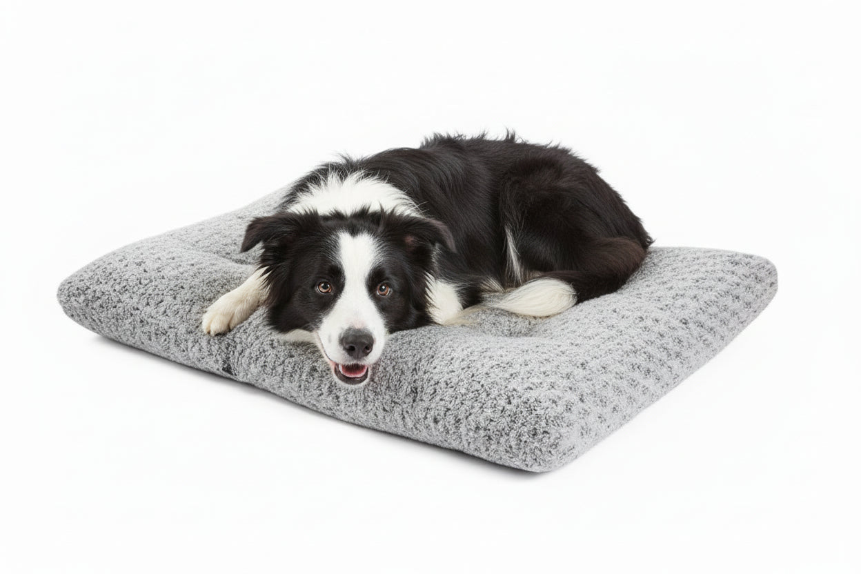 grey washable dog bed for crate, home, or travel use