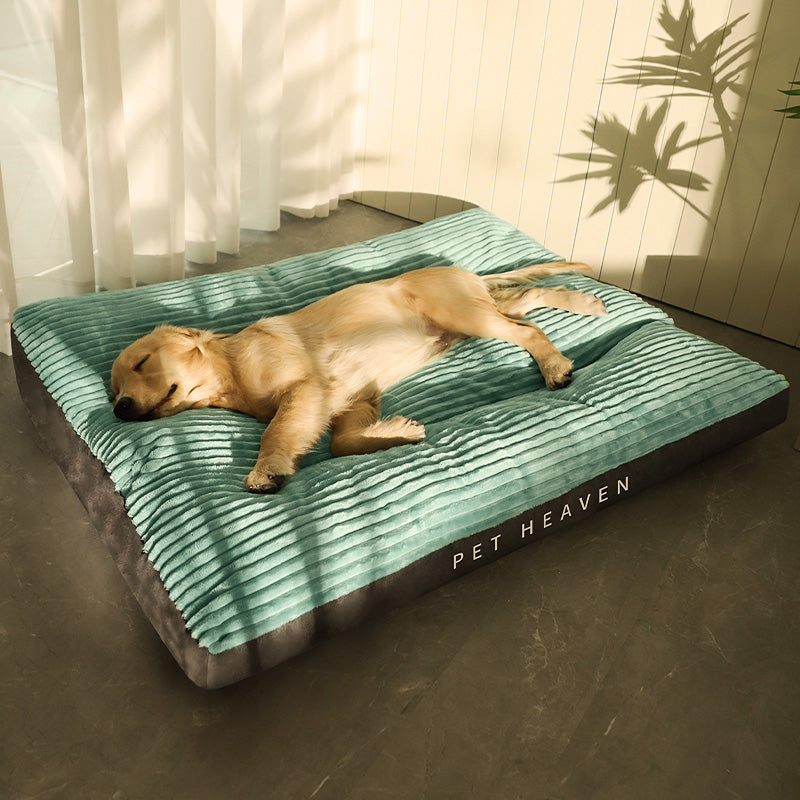 sea green plush washable dog bed with cushioned support used by dog for restful sleep