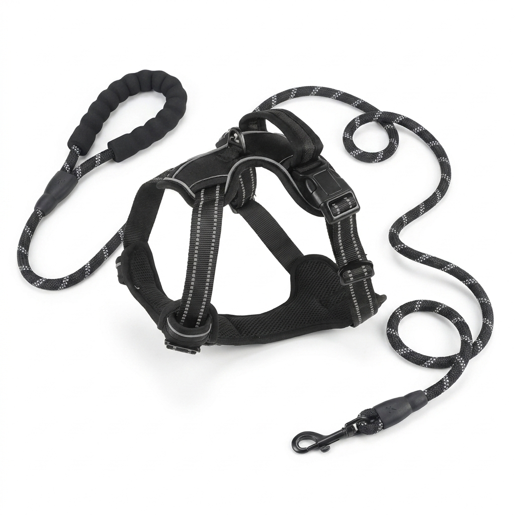Black Trek dog harness and matching leash set