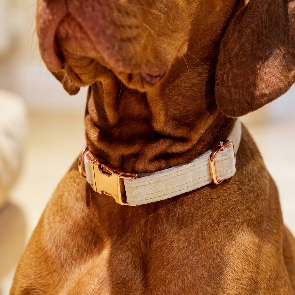 Close-up of a brown dog wearing a cream velvet collar with rose-gold hardware.