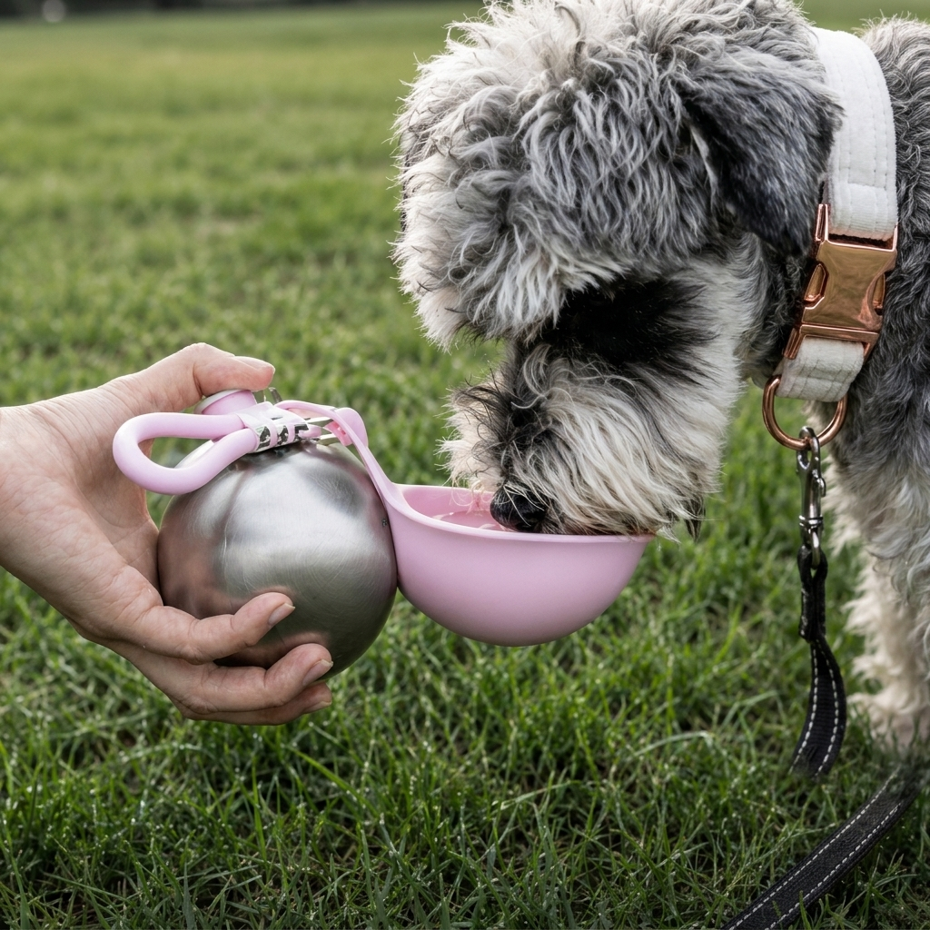 Grey and white dog drinking water from a portable pet bowl outdoors.