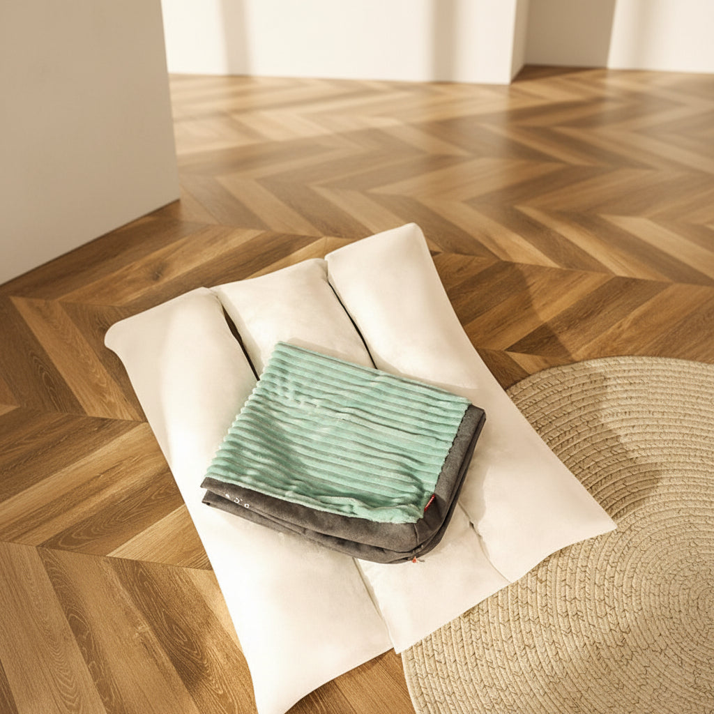 sea green washable dog bed with removable cover folded for easy cleaning