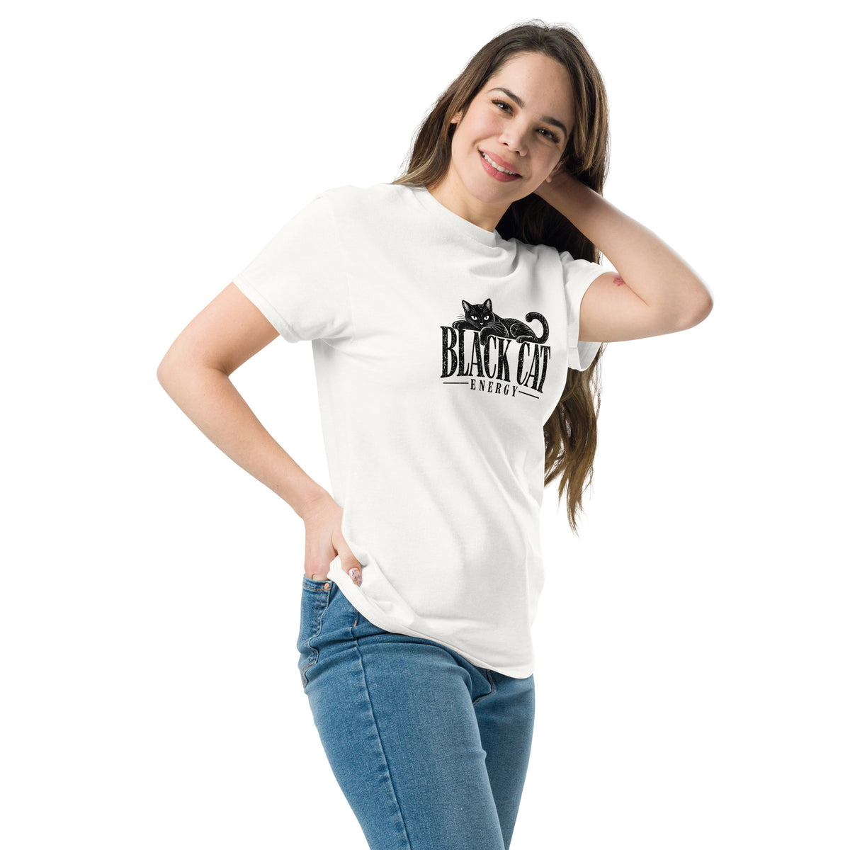 Black Cat Energy Tee – white left front